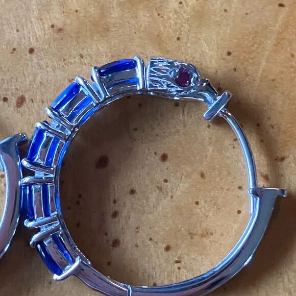 Artistic Blue Spinel Ruby Sterling Silver Hoop Earrings - Picture 4 of 8